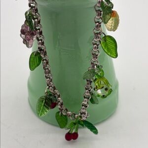 Glass Fruit Charm Necklace with Green Leaf Accents